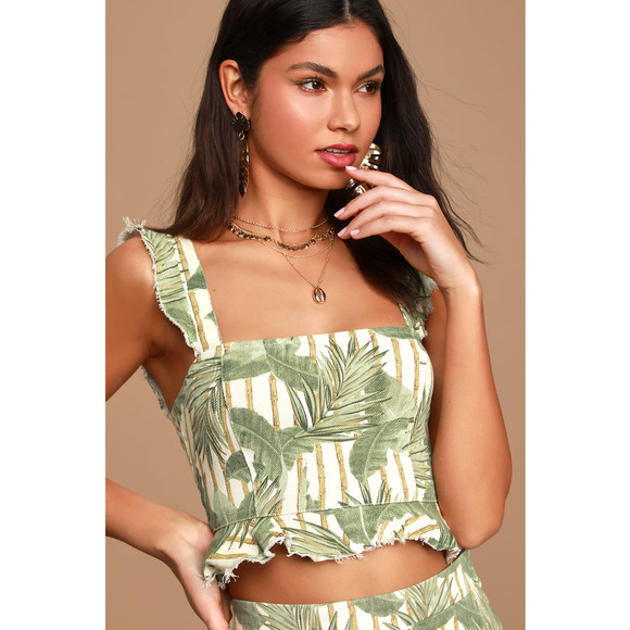 Show Me Your Mumu Delia Bamboo Palm Leaf Print Ruffled Denim Crop Top XL NWT - Picture 2 of 8